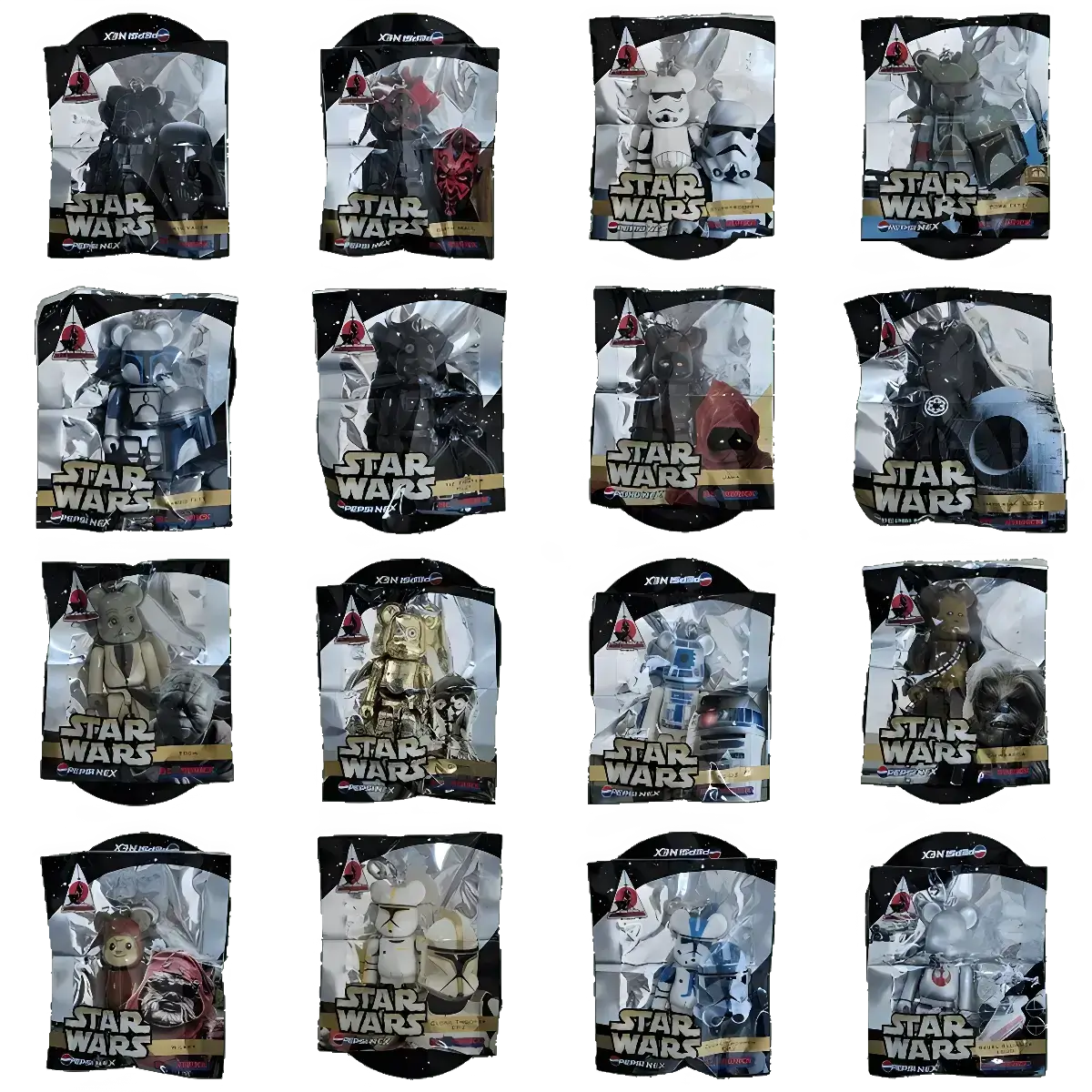 Bearbrick PEPSI.NEX × Star Wars - komplette Kollektion aus 16 Figuren 70% in der Verpackung