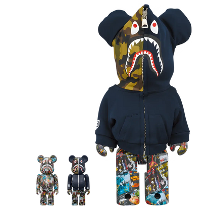Bearbrick BAPE Legacy Camo Shark Navy 100%+400% Herstellerbild 1