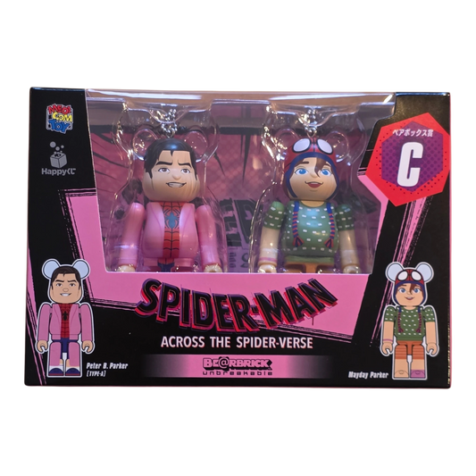 Bearbrick Happy Kuji "Spider-Man: Spider-Verse" C: Peter B. Parker [Type-A] & Mayday Parker 100% Verpackung Vorderseite