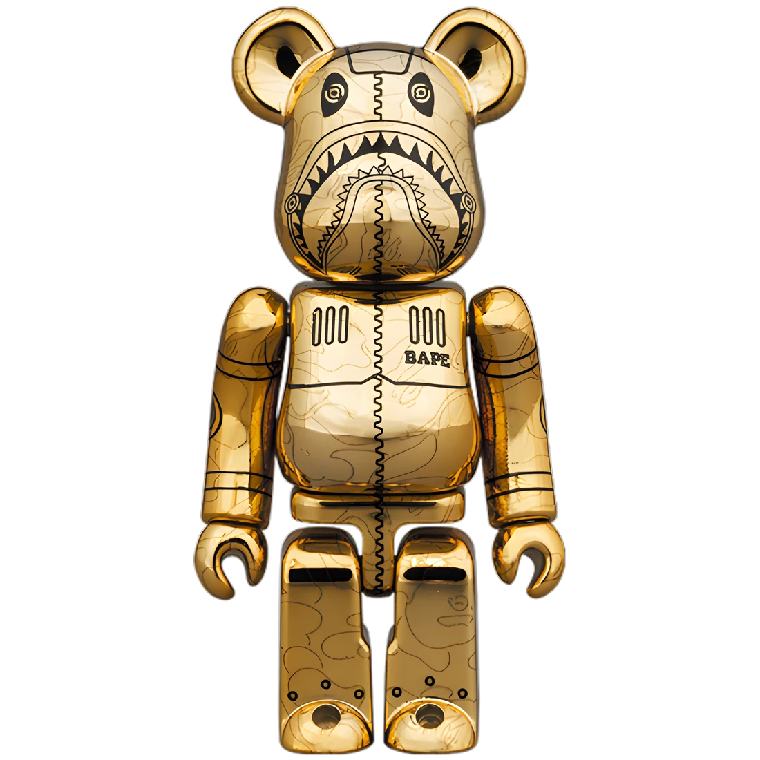 Bearbrick Sorayama × BAPE® Camo Shark Gold 100%+400% Herstellerbild 1