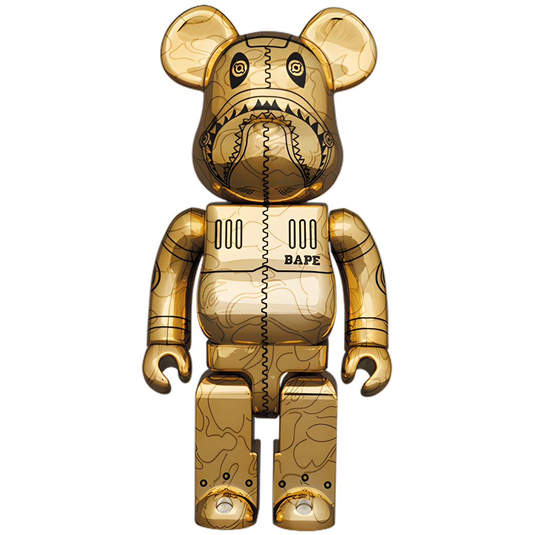 Bearbrick Sorayama × BAPE® Camo Shark Gold 100%+400% Herstellerbild 2