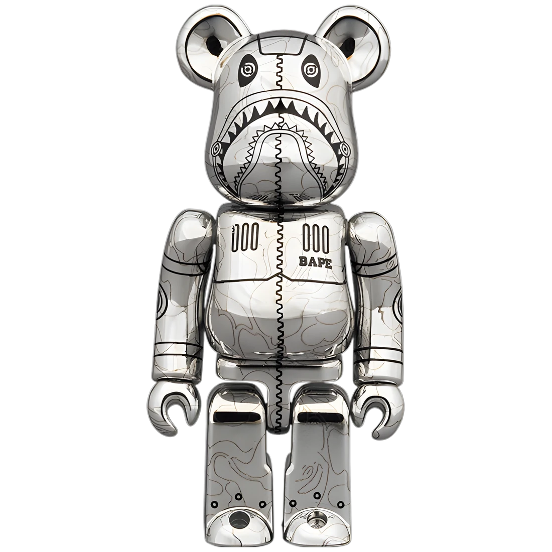Bearbrick Sorayama × BAPE® Camo Shark Silver 100%+400% Herstellerbild 1