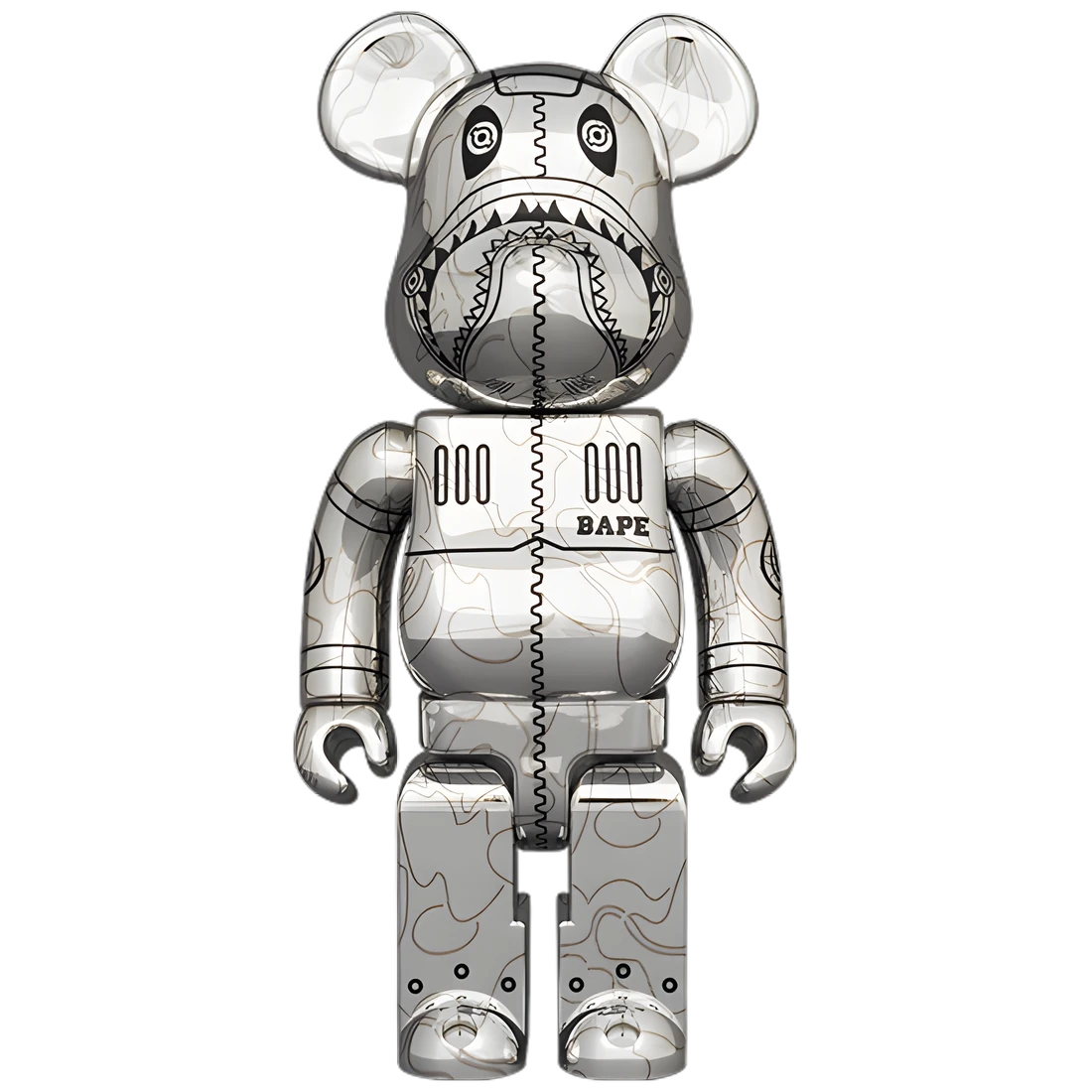 Bearbrick Sorayama × BAPE® Camo Shark Silver 100%+400% Herstellerbild 2